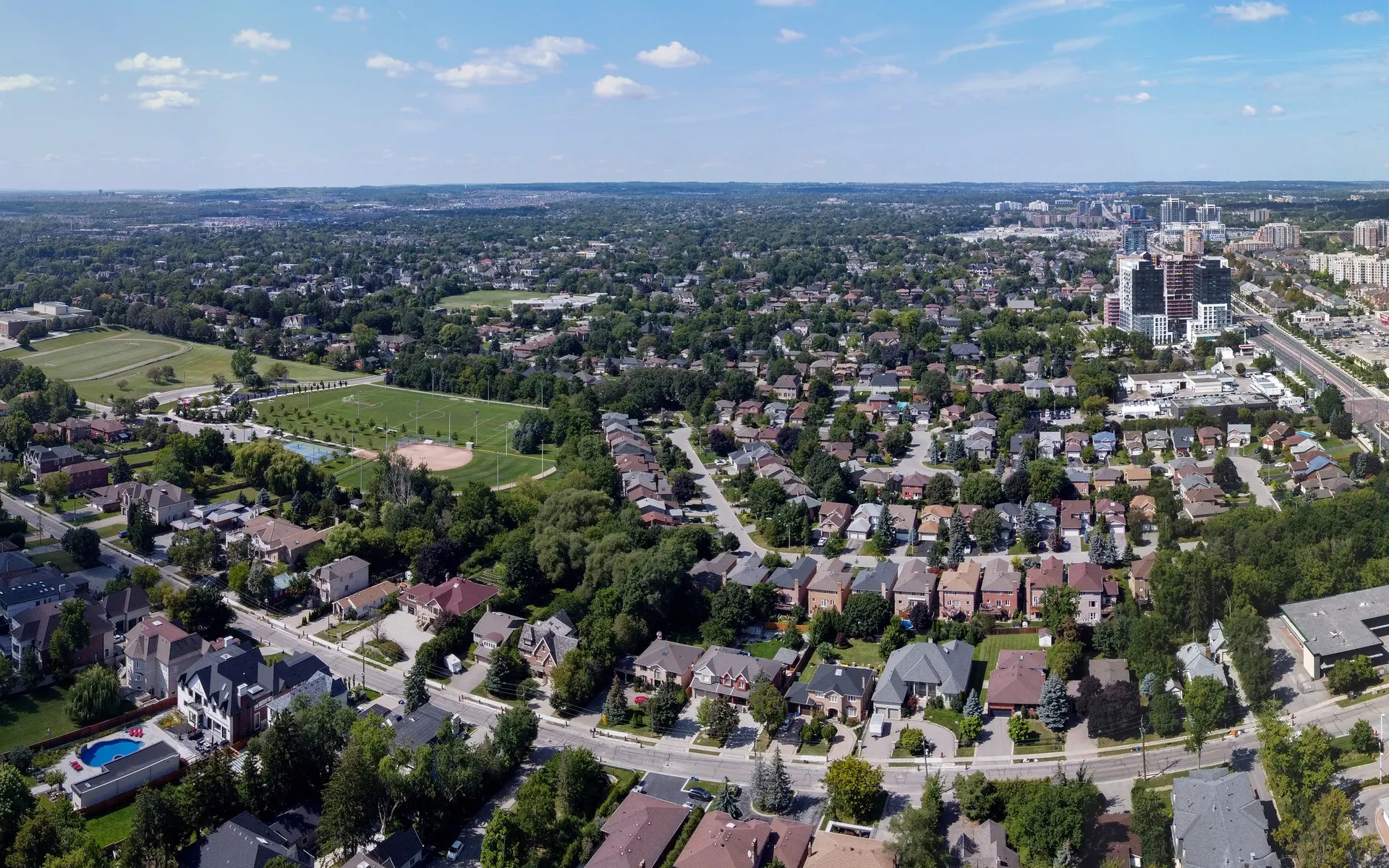 Aerial view of family homes and parks in Richvale, Richmond Hill