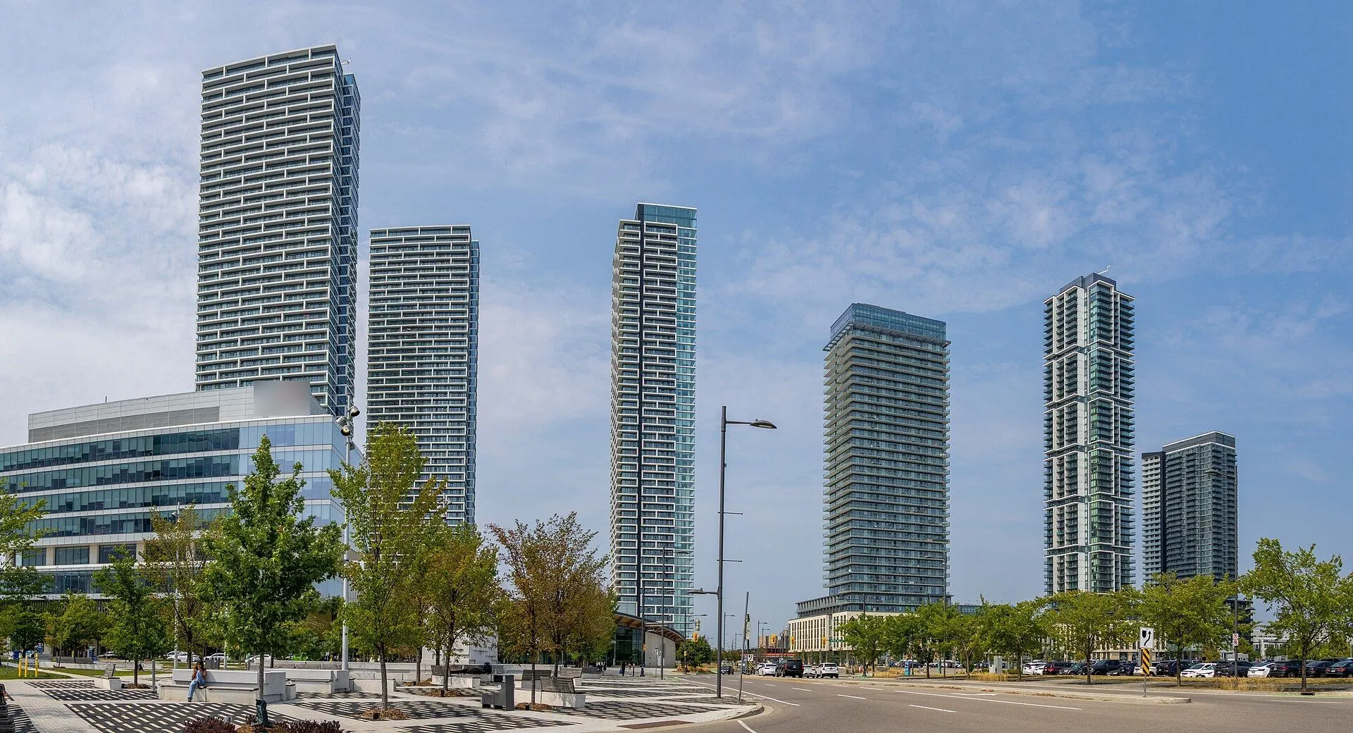 Condominium towers along the tree-lined plaza of the Vaughan Metropolitan Centre