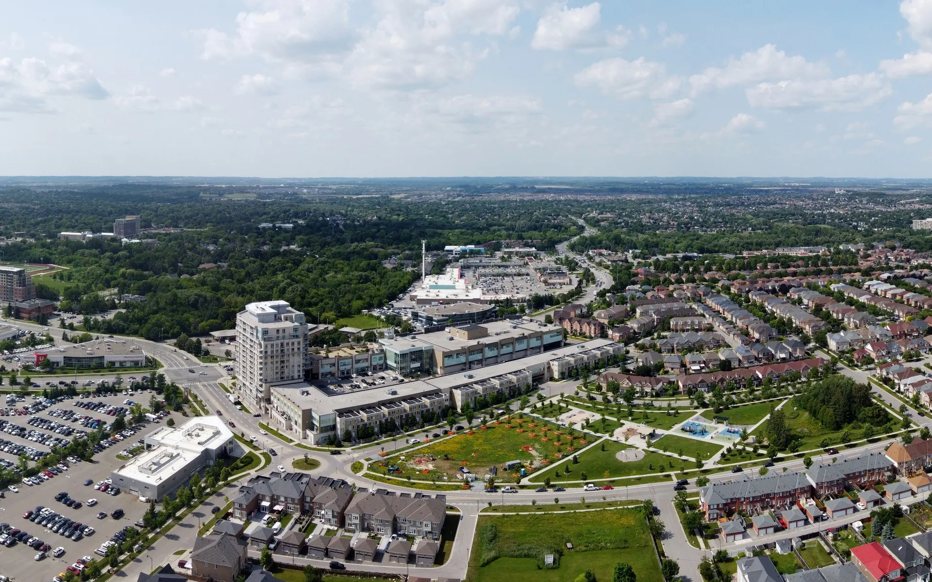 Aerial view of the parks and neighbourhoods of Downtown Markham on a summer day