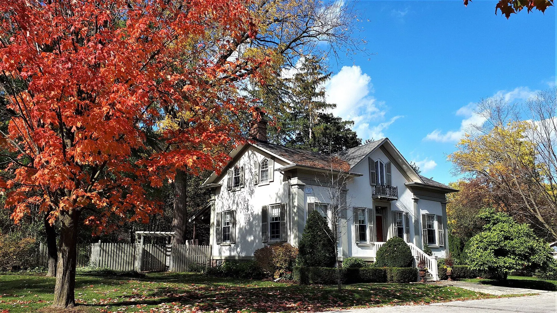 The white 1845 Edey House under red maples in old Thornhill